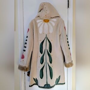 Faux Suede Thick Zip Up Jacket With Painted Folk Art Floral Spring